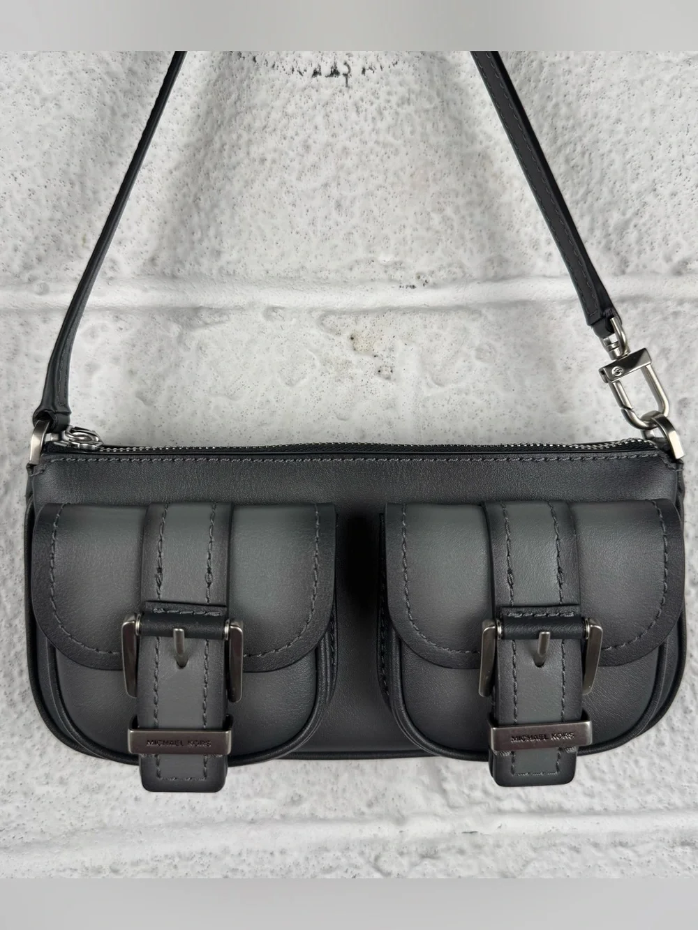 Michael Kors Black Leather Pocket Baguette Shoulder Bag Y2K Cargo Mini Purse - Picture 2 of 9